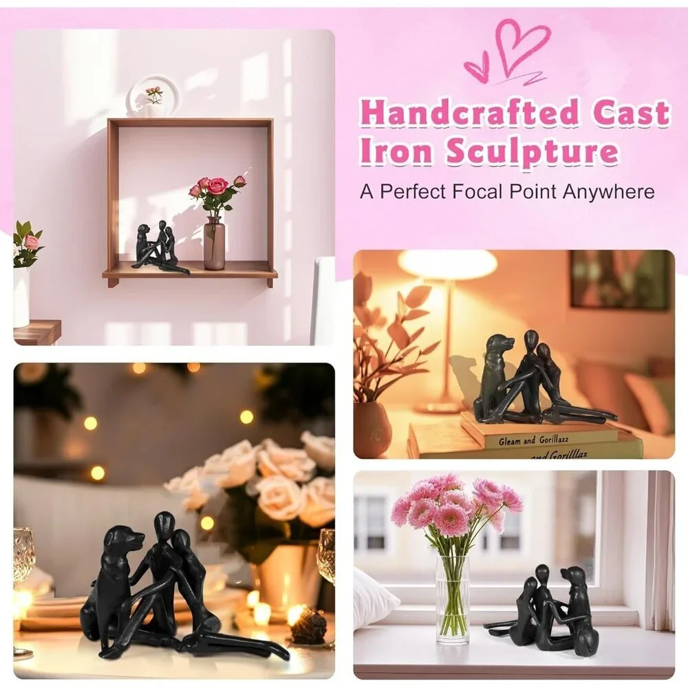Sweet Couple & Dog Statue Cast Iron Sculpture Décor Wedding Love Gift for Couple
